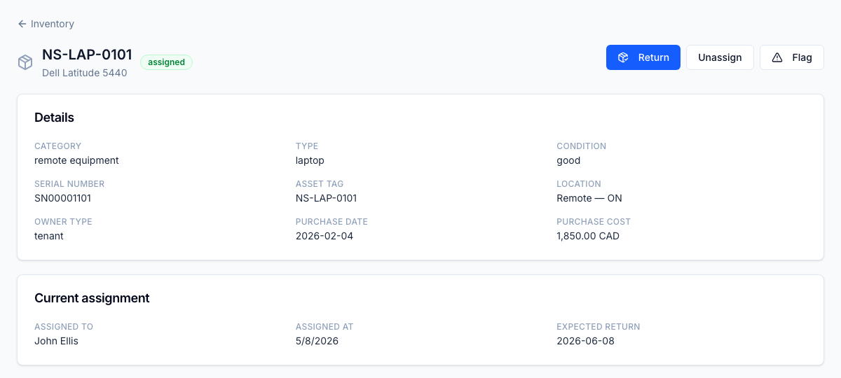 Assignment — assign or unassign a device to an agent with a start and expected-return date. The ledger enforces a single open assignment per item.