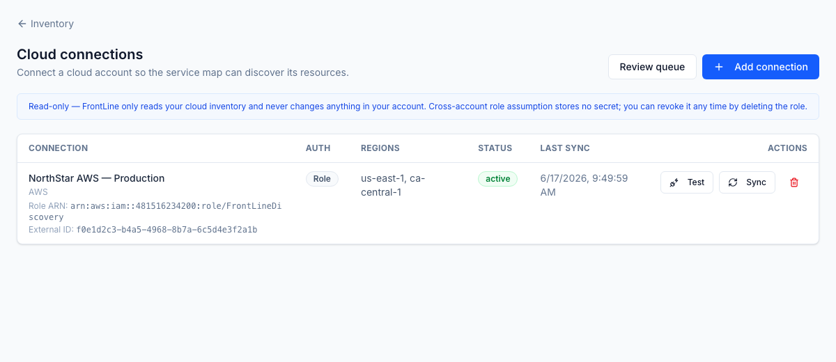 Cloud connections — read-only AWS, Azure, and GCP accounts discovery reads from; cross-account role assumption stores no secret.