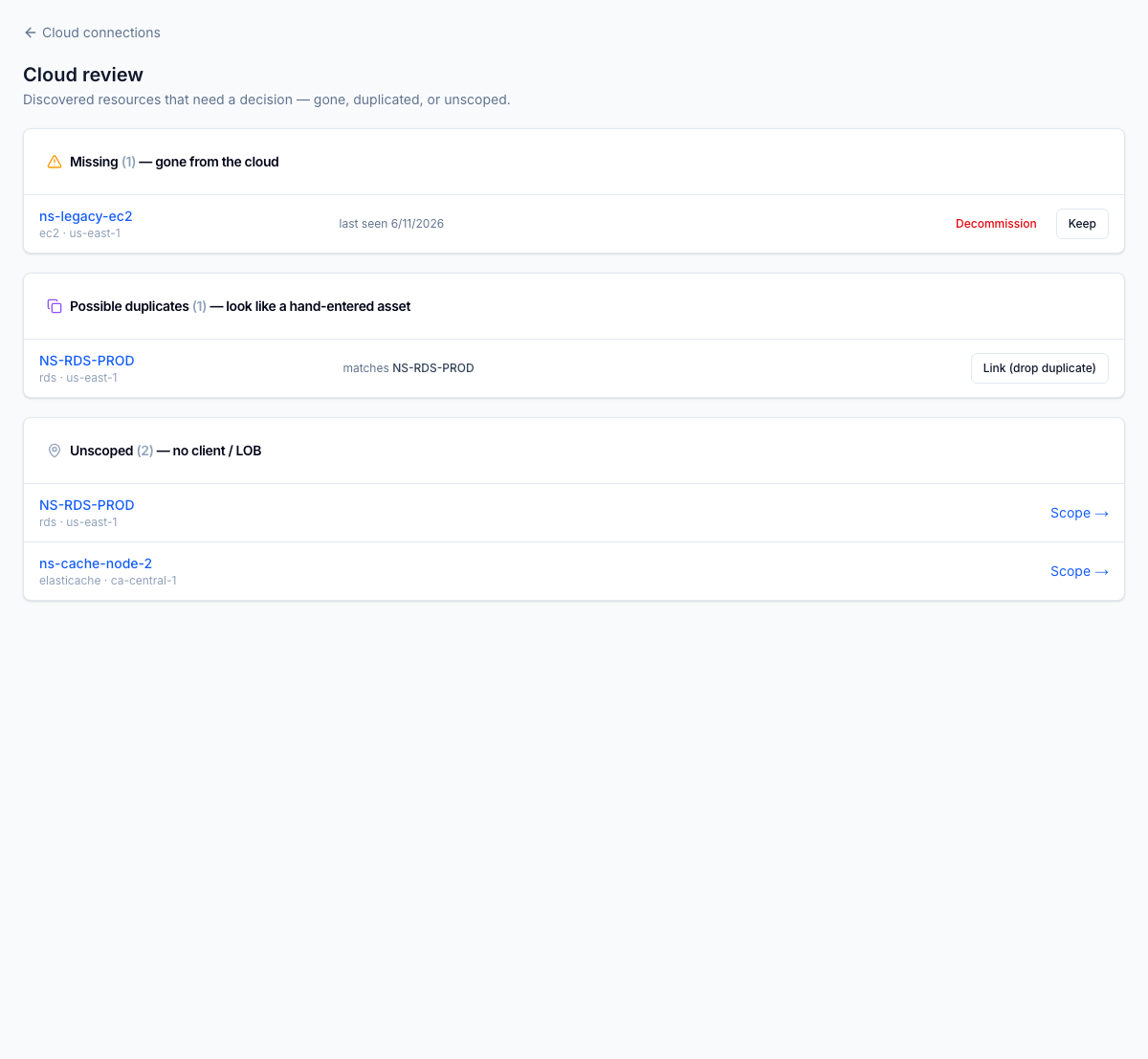 Reconciliation — link a discovered resource to the asset someone already entered by hand, in one click.