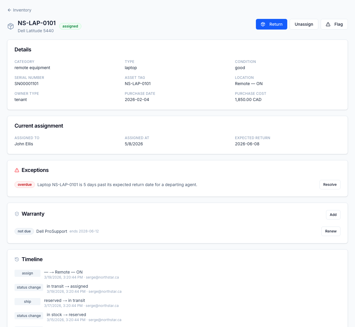 Movement timeline — every assignment, shipment, return, and status change for an asset, each stamped with the actor, timestamp, and related record. Append-only, so it stands as the audit trail.