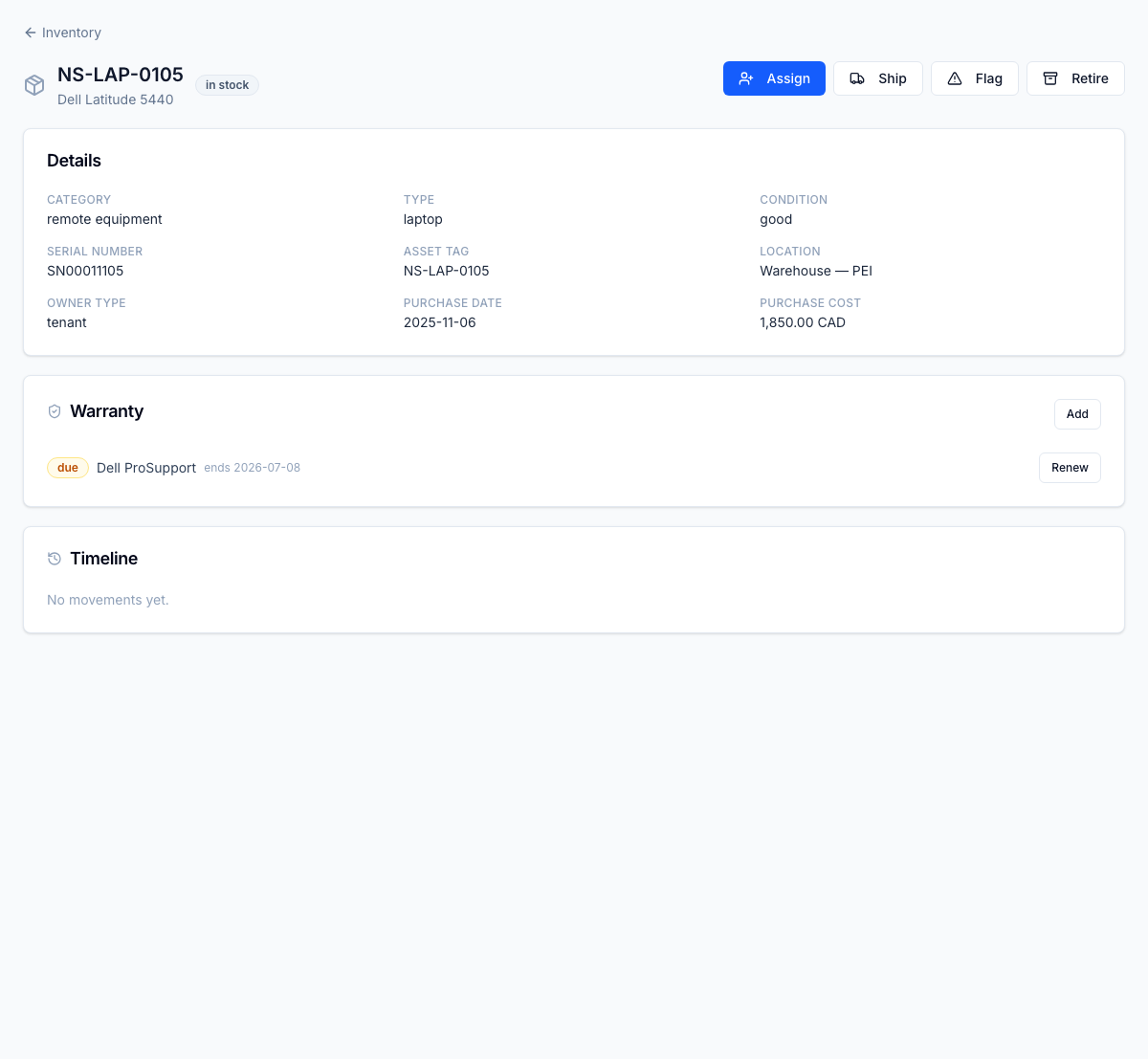 Warranty & disposal — warranty windows with renewal status and expiry alerts; retirement and disposal capture the method, handler, and a compliance evidence reference.