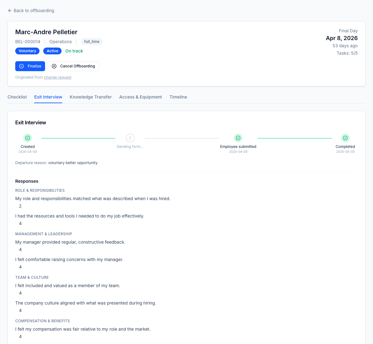 Exit interview on the offboarding record (HR view) — the lifecycle (created → form sent → employee submitted → completed), the coded departure reason, and the full structured responses grouped by theme. Confidentiality-gated so manager-visibility fears don't suppress candour; aggregates feed separation analytics.