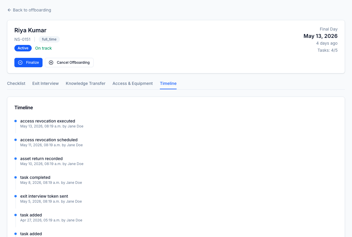 Offboarding timeline — every state change, approval, task completion, and access-revocation event for one separation rendered as a single audit timeline. Cross-table reconstruction from the immutable audit log; nothing happens off-record.