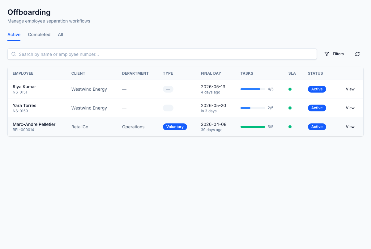 Offboarding queue with separation category column — every record classified voluntary, involuntary, or neutral on creation. Drives regrettable-attrition reporting, finals-pay rules, and SLA timelines without after-the-fact reclassification.