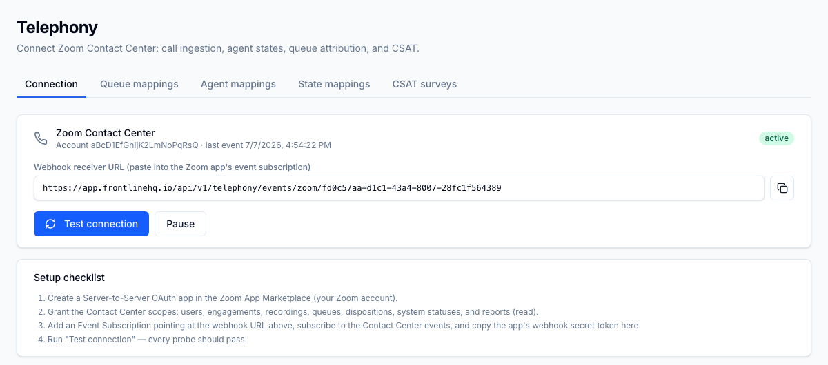 A connected Zoom Contact Center integration: live status, the signed webhook receiver URL, a per-capability connection test, and pause and resume control.